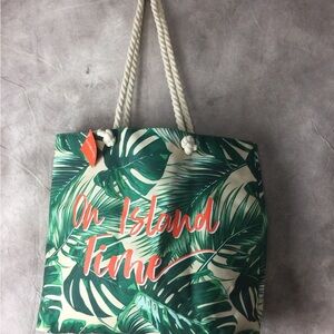 Ulta Beauty Green Palm Print Canvas Tote with Coral Script On Island Time Rope